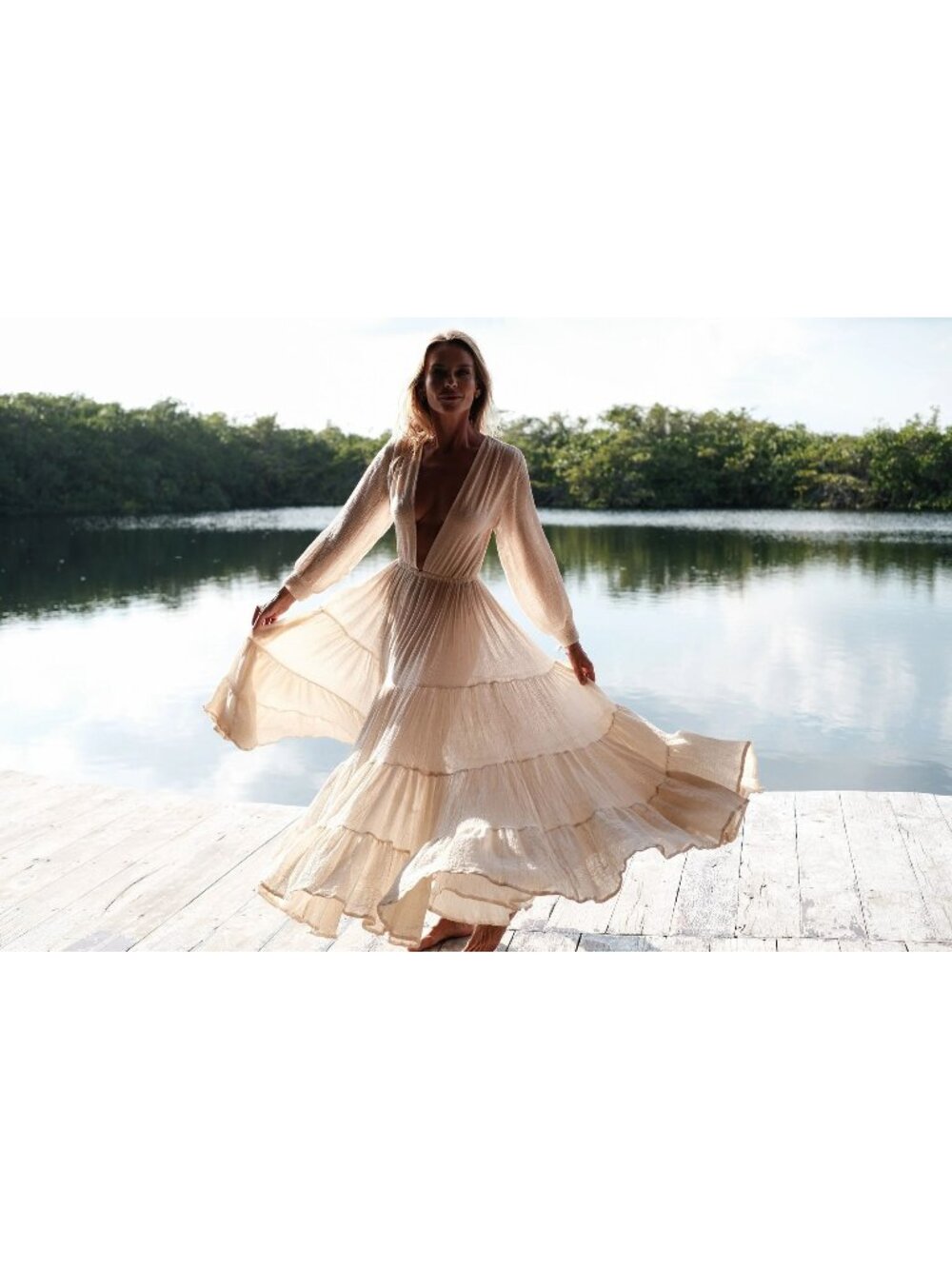 Spiritum Tulum Maria Felix Maxi Gown Gauzy Organic Cotton Tiered Womens One Size